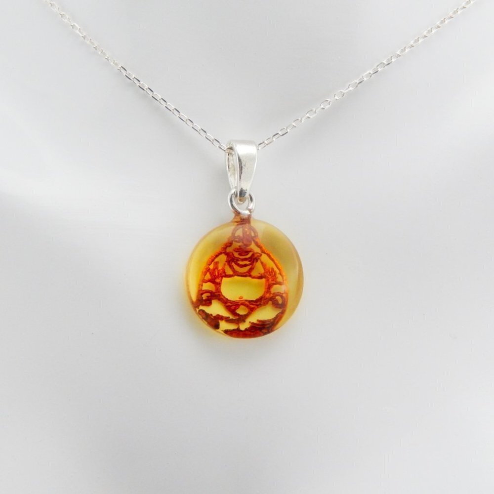 Natural Baltic Citrine Amber Laser Cut Buddha Choker Necklace in 925 Sil…